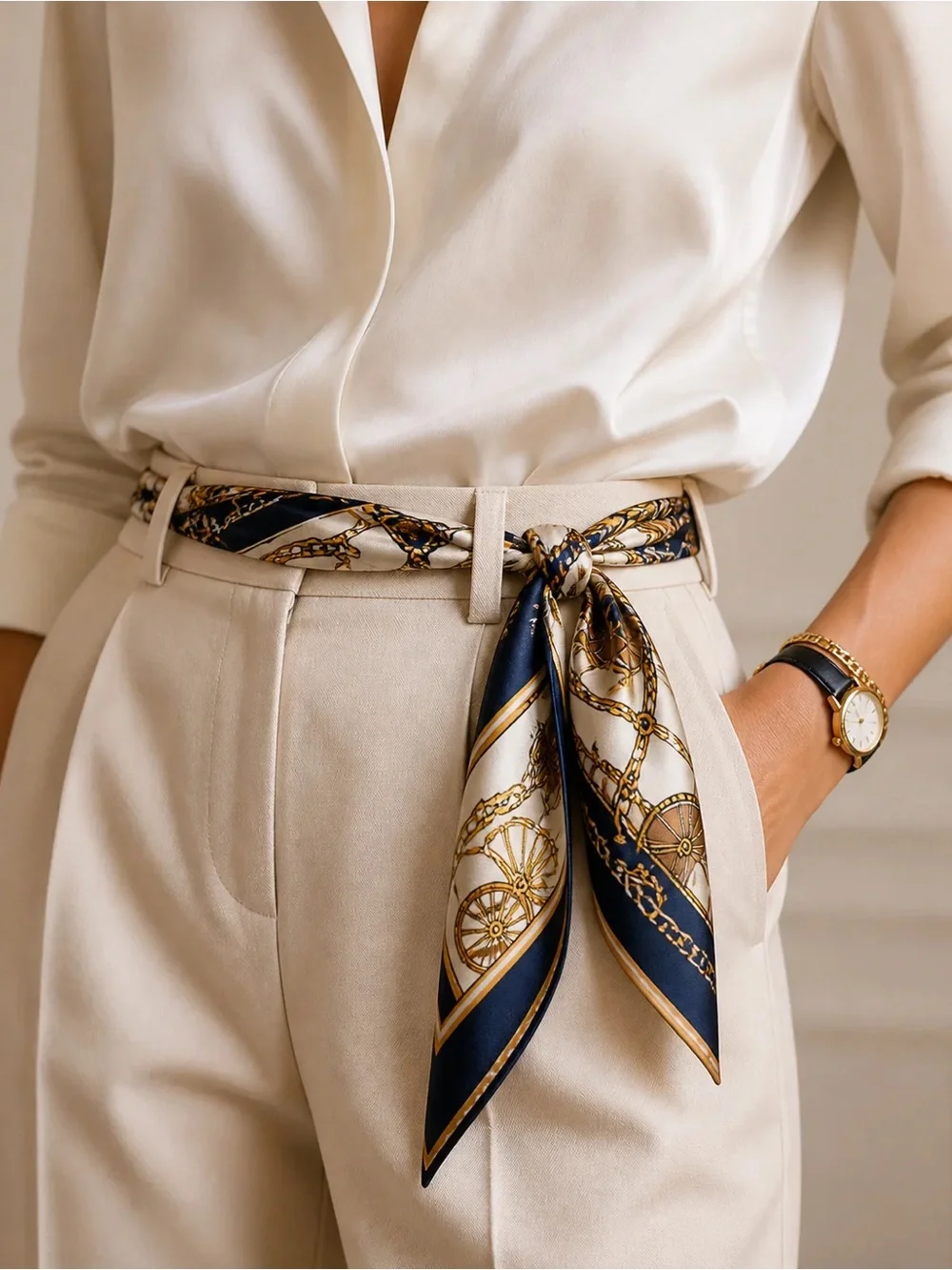 Designer Print Cream & Tan Patterned Neck Scarf